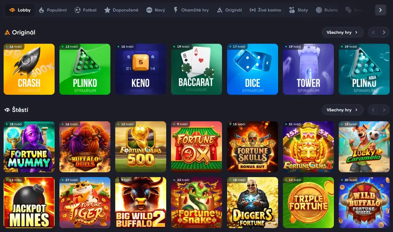Lobby her Spinarium s kategoriemi, vyhledáváním a filtrem poskytovatelů